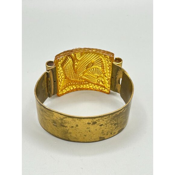 Vtg French Prystal Bakelite Carved Fish Bracelet Hinged Wide Brass Band Art Deco - Picture 7 of 13